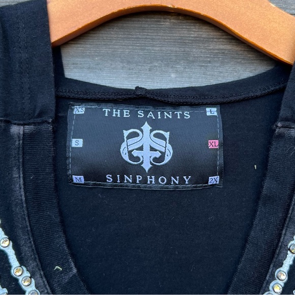 The Saints Sinphony Black Cotton Blend Hooded V-Neck Tunic Women’s Size XL - Picture 3 of 7